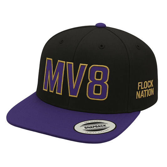 Black and purple snapback cap with 'MV8' and 'Flock Nation' text on a white background